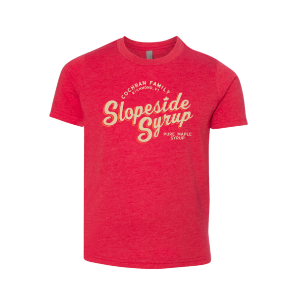 Youth red t-shirt with slopeside syrup logo