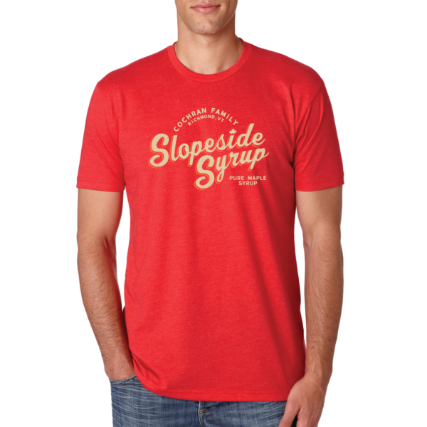 Men's red t-shirt with slopeside syrup logo