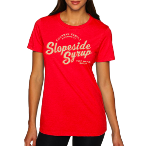 Women's red t-shirt with Slopeside Syrup logo