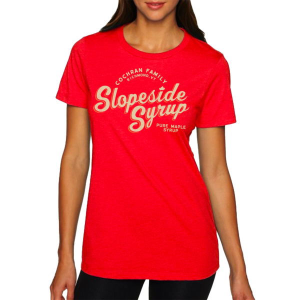 Women's red t-shirt with Slopeside Syrup logo